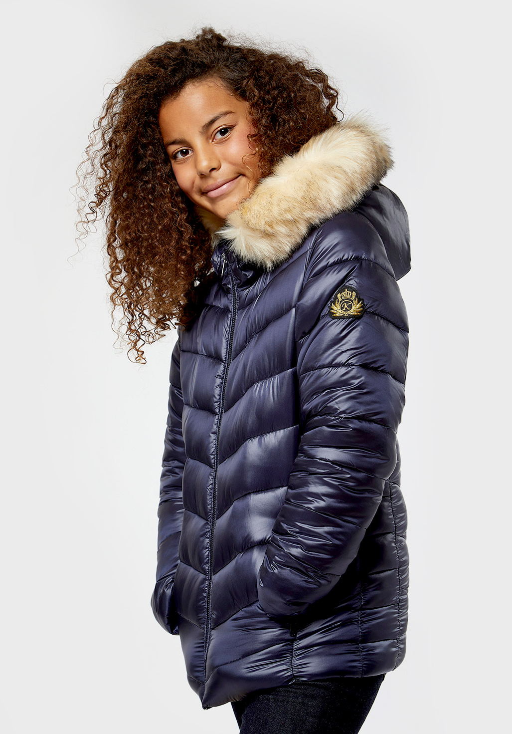 Girl's blue puffer jacket with hood and removable faux fur Mado - Kaporal